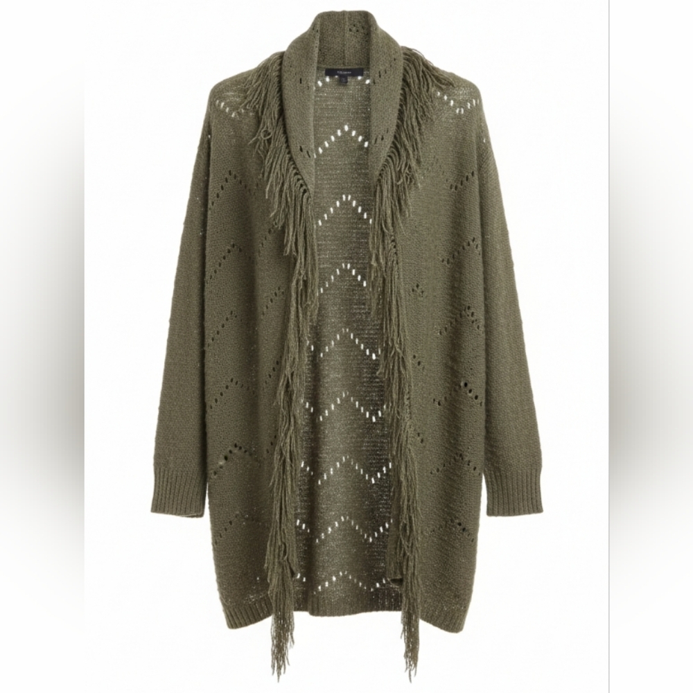 Boho Olive Green Fringe Shawl Cardigan with Convertible Hood